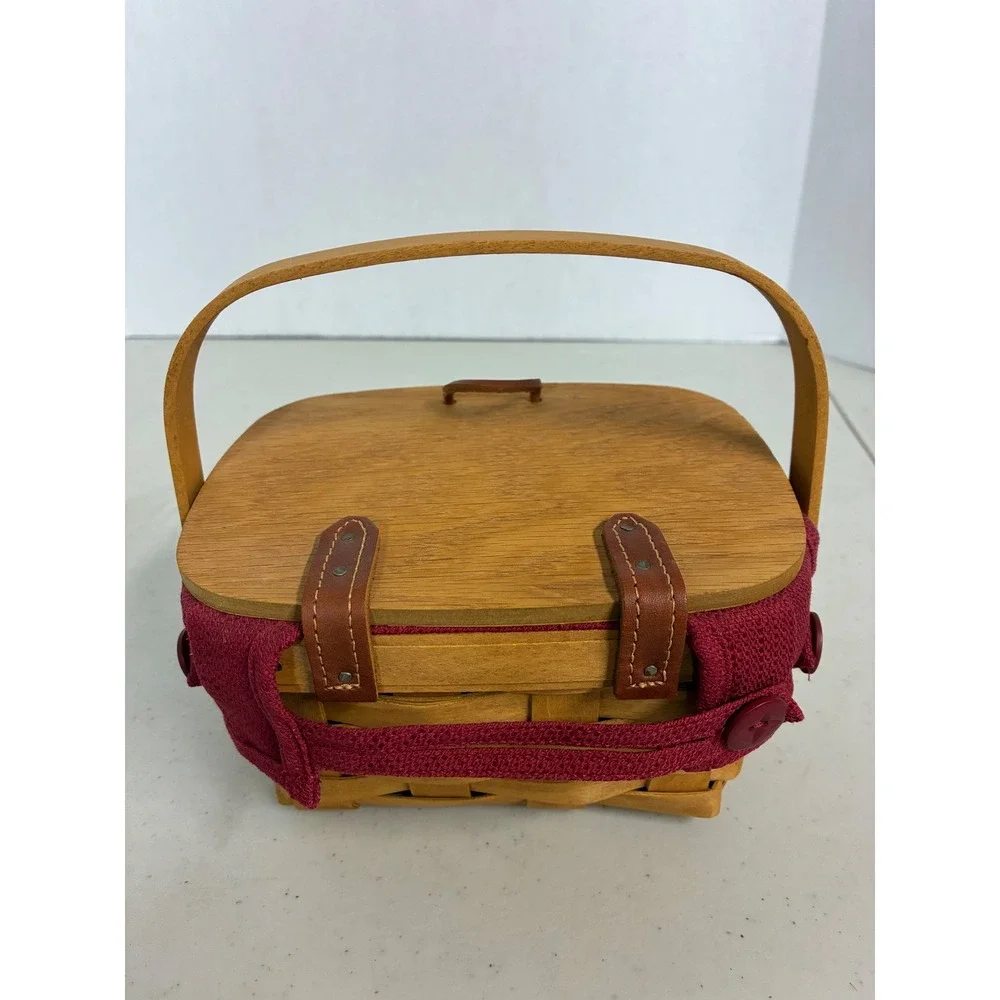 Longaberger Woven Wood Basket Burgundy Liner Wood Lid Divided Protector‎ Set